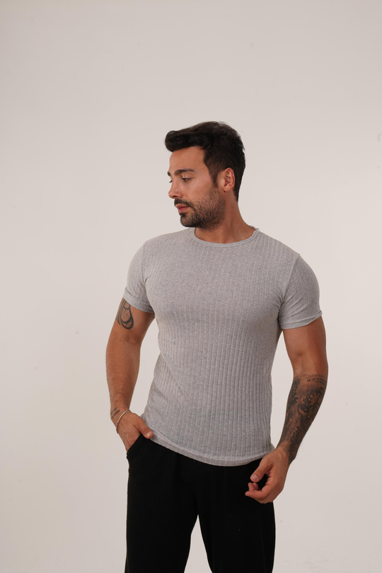 T-SHİRTGri Slim Fit Fitilli T-SHIRT SC