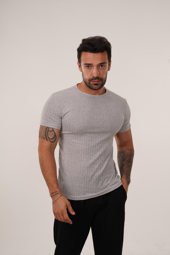 T-SHİRTGri Slim Fit Fitilli T-SHIRT SC