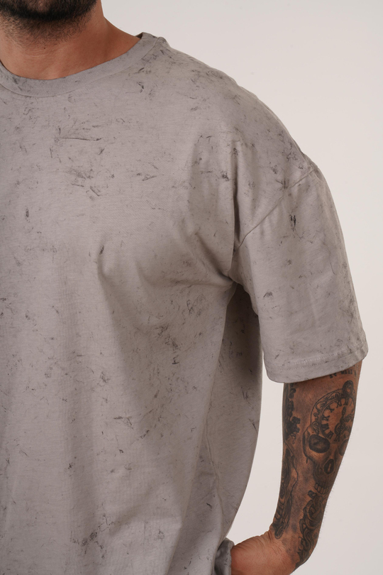 T-SHİRTGri Yıkamalı Compak Pamuk Oversize T-Shirt PLZ