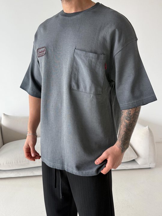 T-SHİRTGri Young Nakışlı Oversize Tişört VMS V70-150