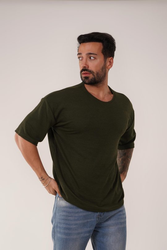 T-SHİRTHaki Burgu Desen Oversize T-Shirt SC