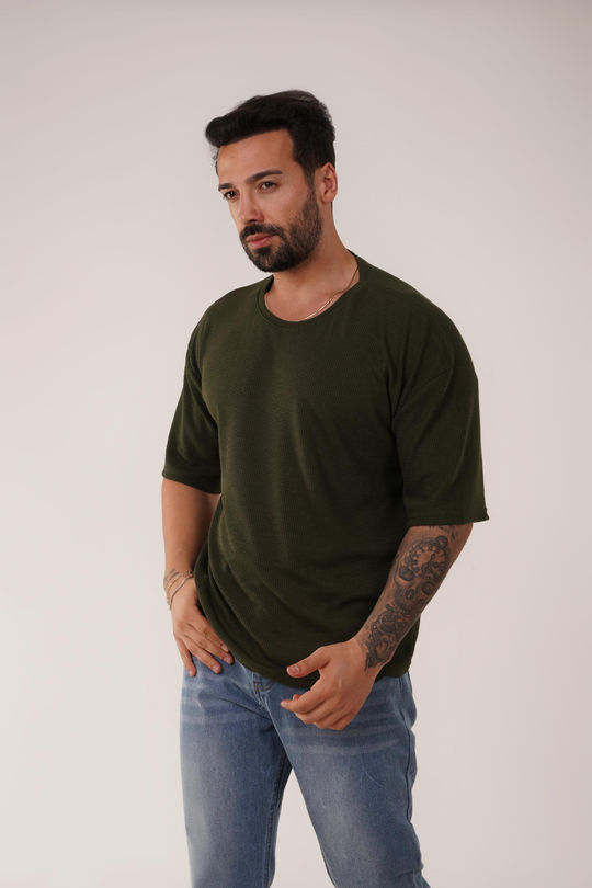 T-SHİRTHaki Burgu Desen Oversize T-Shirt SC