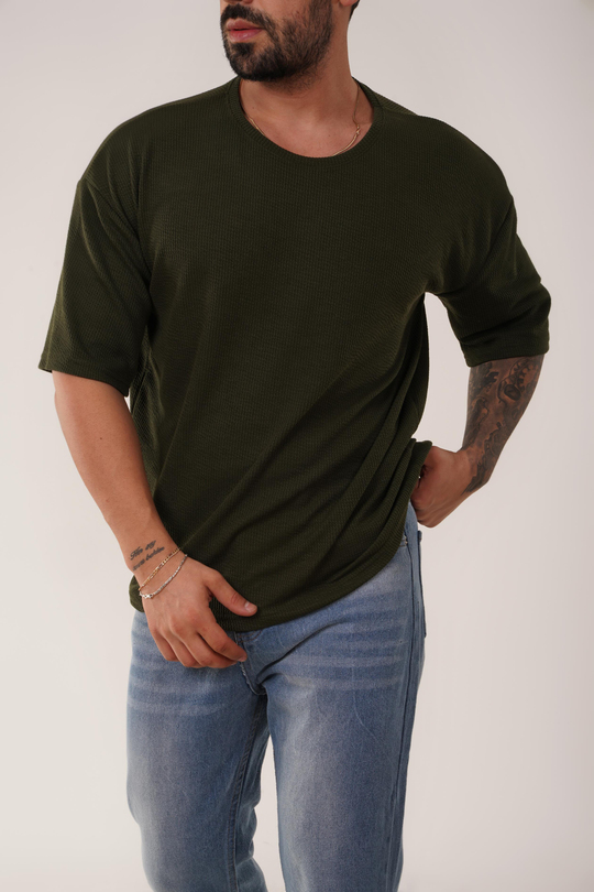 T-SHİRTHaki Burgu Desen Oversize T-Shirt SC