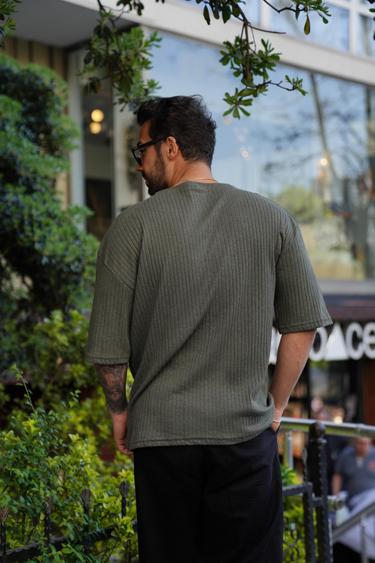 T-SHİRTHaki Fitilli Oversize T-Shirt SC