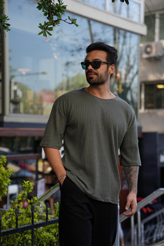 T-SHİRTHaki Fitilli Oversize T-Shirt SC