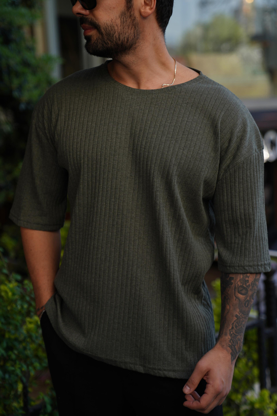 T-SHİRTHaki Fitilli Oversize T-Shirt SC