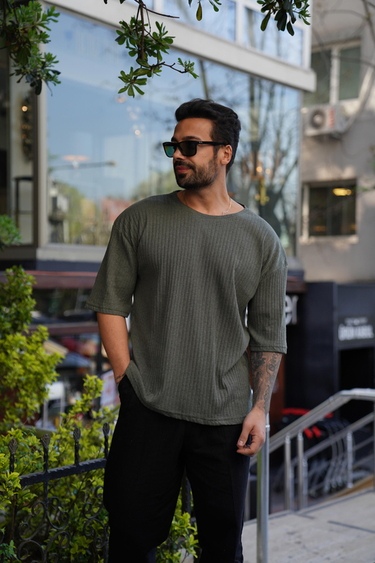 T-SHİRTHaki Fitilli Oversize T-Shirt SC