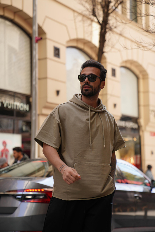 T-SHİRTHaki Kapşonlu Kanguru Cep Oversize T-Shirt VMS 30175
