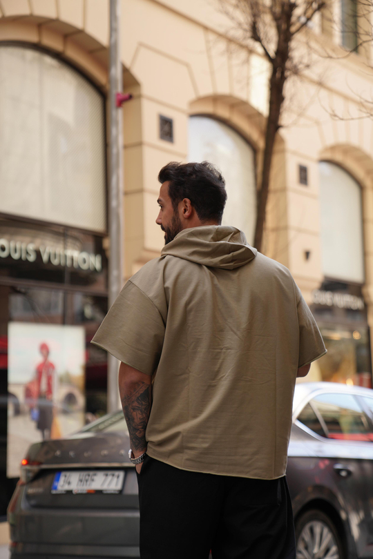T-SHİRTHaki Kapşonlu Kanguru Cep Oversize T-Shirt VMS 30175