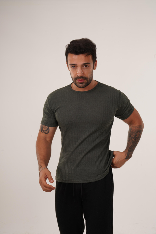 T-SHİRTHaki Slim Fit Fitilli T-SHIRT SC