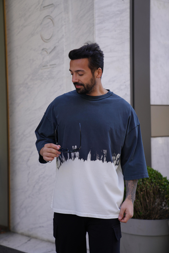 T-SHİRTİndigo Çift Karışım Oversize T-Shirt VMS 40541