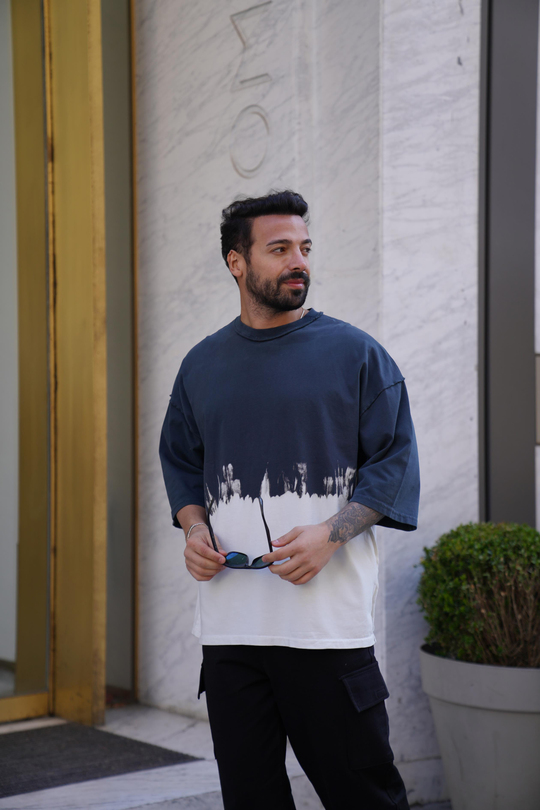 T-SHİRTİndigo Çift Karışım Oversize T-Shirt VMS 40541