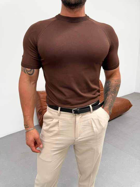 T-SHİRTKahve Bisiklet Yaka Triko Pamuk T-shirt TK