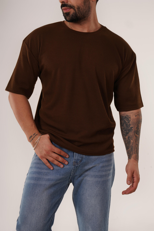 T-SHİRTKahve Burgu Desen Oversize T-Shirt SC