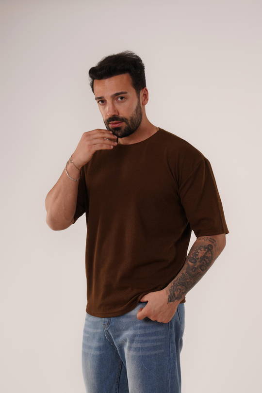 T-SHİRTKahve Burgu Desen Oversize T-Shirt SC