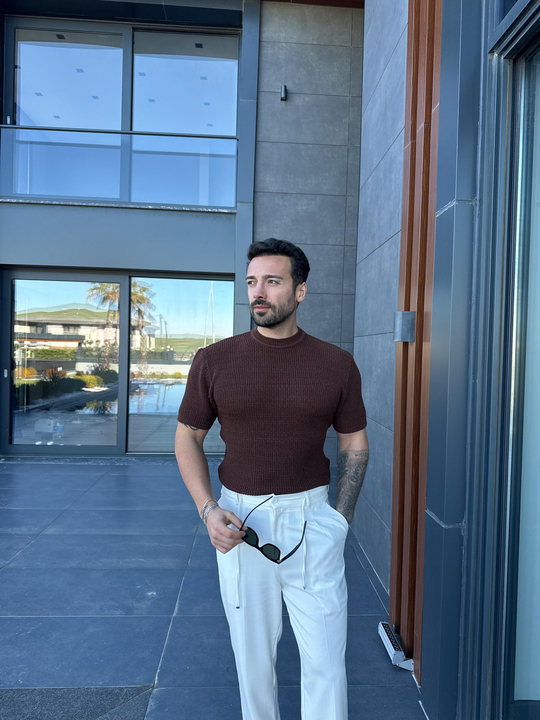 T-SHİRTKahve Çelik Pamuk Triko Slim Fit SNZ 7281