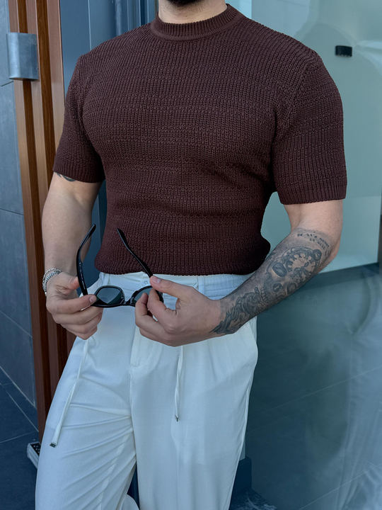 T-SHİRTKahve Çelik Pamuk Triko Slim Fit SNZ 7281