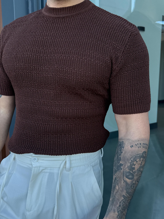 T-SHİRTKahve Çelik Pamuk Triko Slim Fit SNZ 7281
