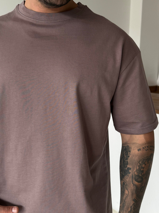T-SHİRTKahve Düz Pamuk Oversize T-SHİRT SC