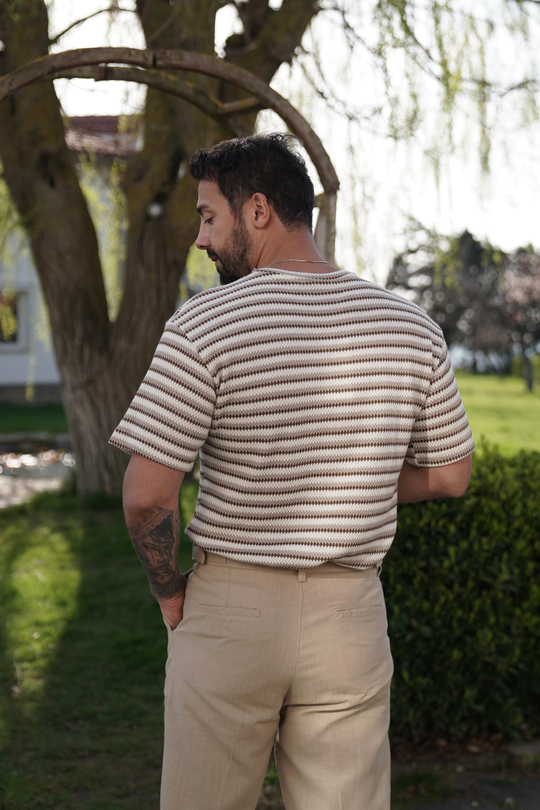 T-SHİRTKahve Krem B. Çizgili Triko SNZ 3968