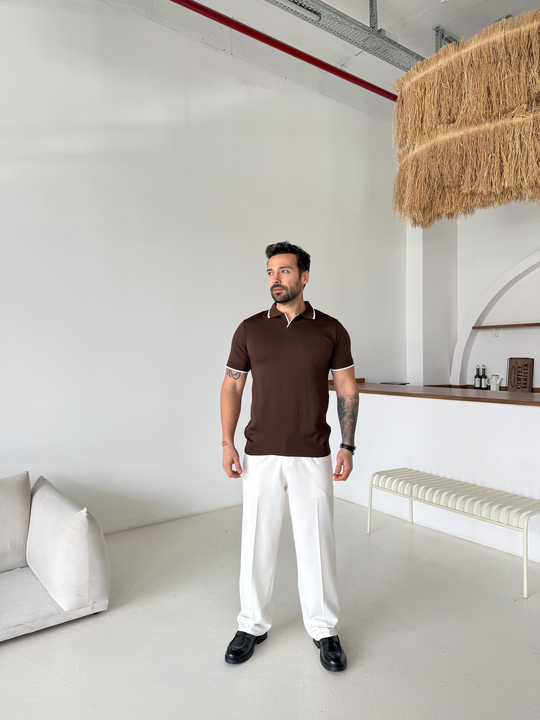 T-SHİRTKahve Yaka Çizgili Polo Yaka TK