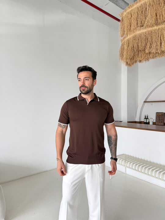 T-SHİRTKahve Yaka Çizgili Polo Yaka TK