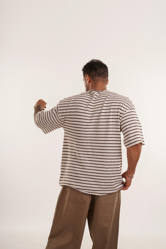 T-SHİRTKahve Yatay Çizgili Örme Pis Kesim Oversize T-SHİRT VMS 40378