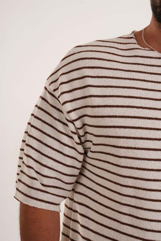 T-SHİRTKahve Yatay Çizgili Örme Pis Kesim Oversize T-SHİRT VMS 40378