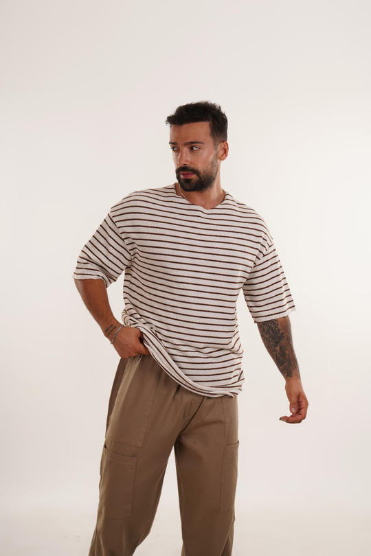 T-SHİRTKahve Yatay Çizgili Örme Pis Kesim Oversize T-SHİRT VMS 40378