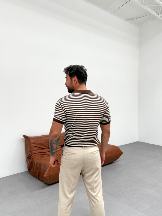 T-SHİRTKahve Yatay Çizgili Polo Yaka Triko Pamuk T-shirt TK