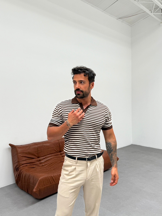 T-SHİRTKahve Yatay Çizgili Polo Yaka Triko Pamuk T-shirt TK