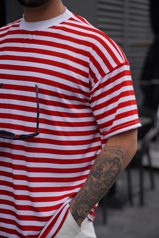 T-SHİRTKırmızı beyaz Çizgili Oversize Viskon T-Shirt TK 1008