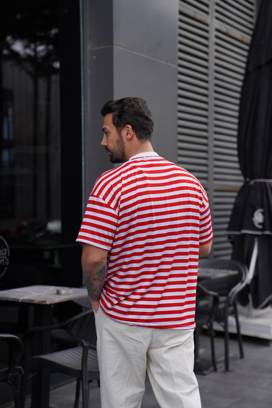 T-SHİRTKırmızı beyaz Çizgili Oversize Viskon T-Shirt TK 1008