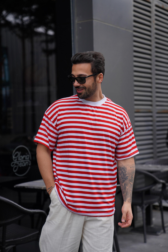 T-SHİRTKırmızı beyaz Çizgili Oversize Viskon T-Shirt TK 1008