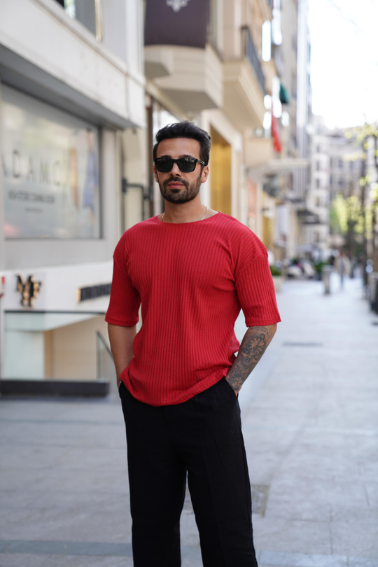 T-SHİRTKırmızı Fitilli Oversize T-Shirt SC