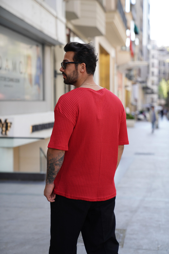 T-SHİRTKırmızı Fitilli Oversize T-Shirt SC