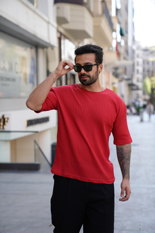T-SHİRTKırmızı Fitilli Oversize T-Shirt SC