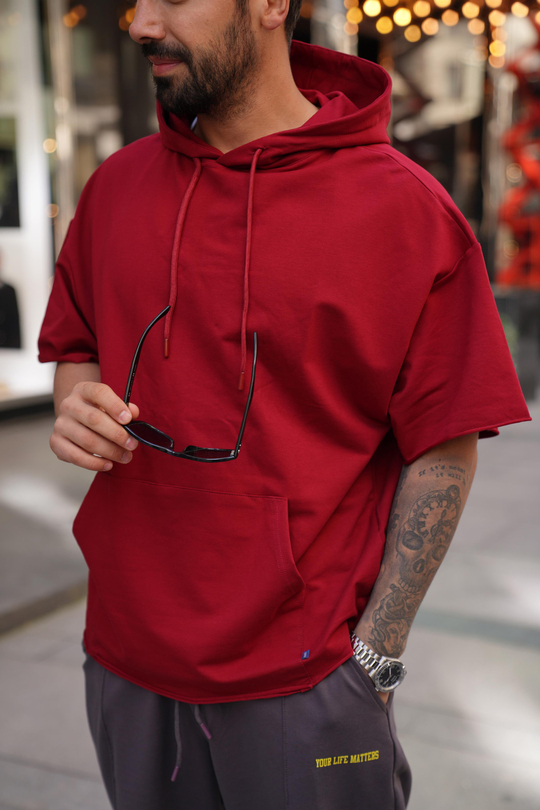 T-SHİRTKırmızı Kapşonlu Kanguru Cep Oversize T-Shirt VMS 30175