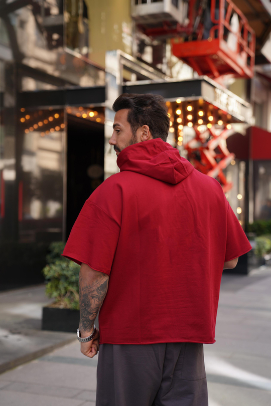 T-SHİRTKırmızı Kapşonlu Kanguru Cep Oversize T-Shirt VMS 30175