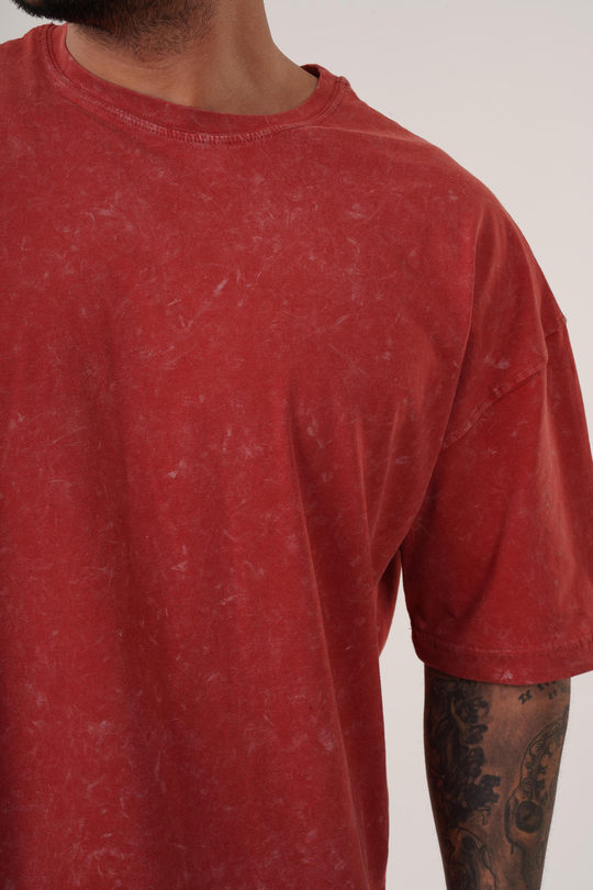 T-SHİRTKırmızı Yıkamalı Compak Pamuk Oversize T-Shirt PLZ