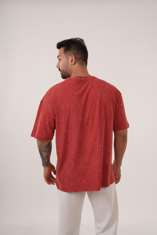 T-SHİRTKırmızı Yıkamalı Compak Pamuk Oversize T-Shirt PLZ