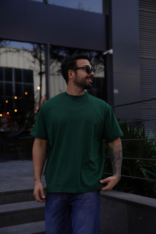 T-SHİRTKoyuYeşil Compak Düz Oversize T-Shirt SNZ