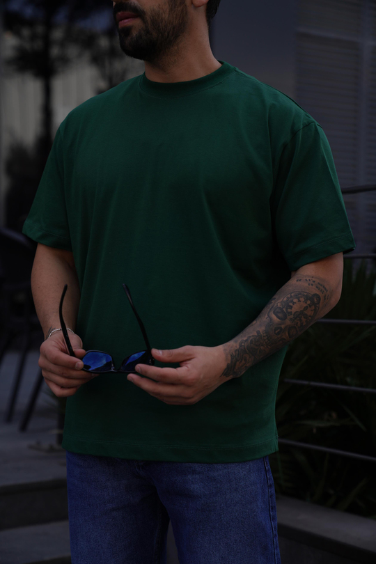 T-SHİRTKoyuYeşil Compak Düz Oversize T-Shirt SNZ