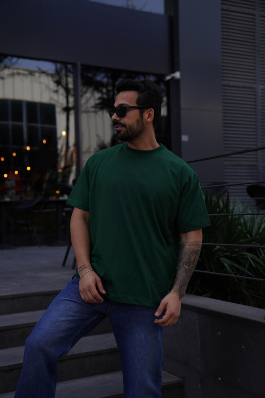 T-SHİRTKoyuYeşil Compak Düz Oversize T-Shirt SNZ