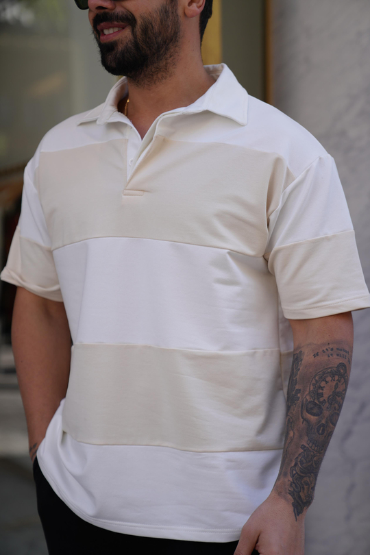 T-SHİRTKrem Beyaz Parçalı Gizli Patlı Polo Yaka T-Shirt SNZ 3897-1