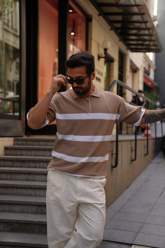 T-SHİRTKrem Beyaz Selanik Çizgili Polo Yaka TK 1010