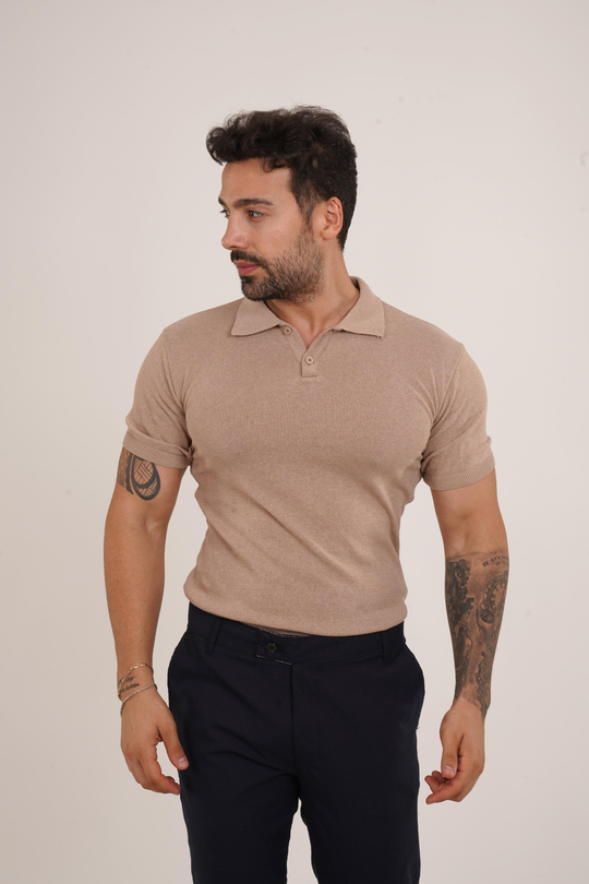 T-SHİRTKrem Düz Polo Yaka Triko SC