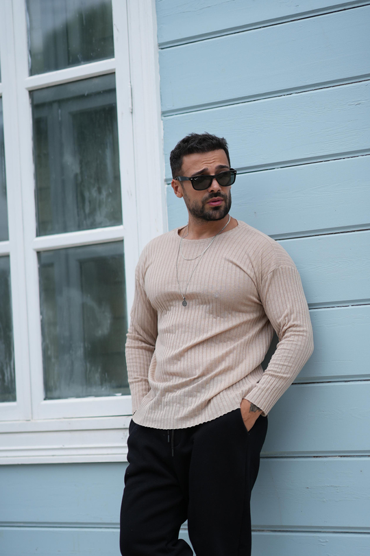 T-SHİRTKREM Fitilli oversize uzun kol SC