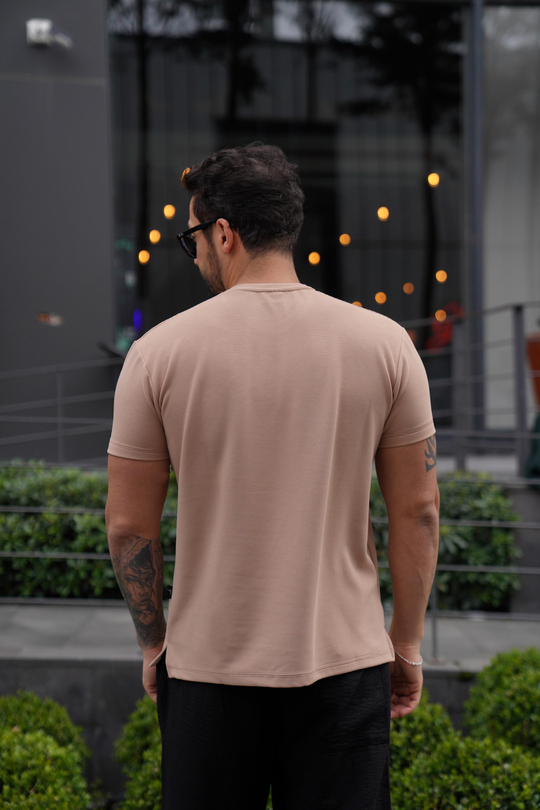 T-SHİRTKrem Ottoman Çizgi Desen Bisiklet Yaka T-Shirt TK 1001