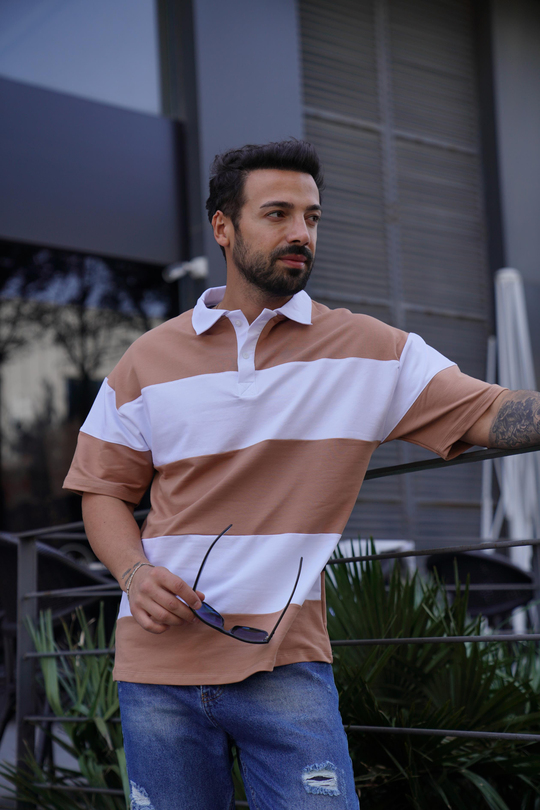 T-SHİRTKrem Parçalı Oversize Polo Yaka TK 1003